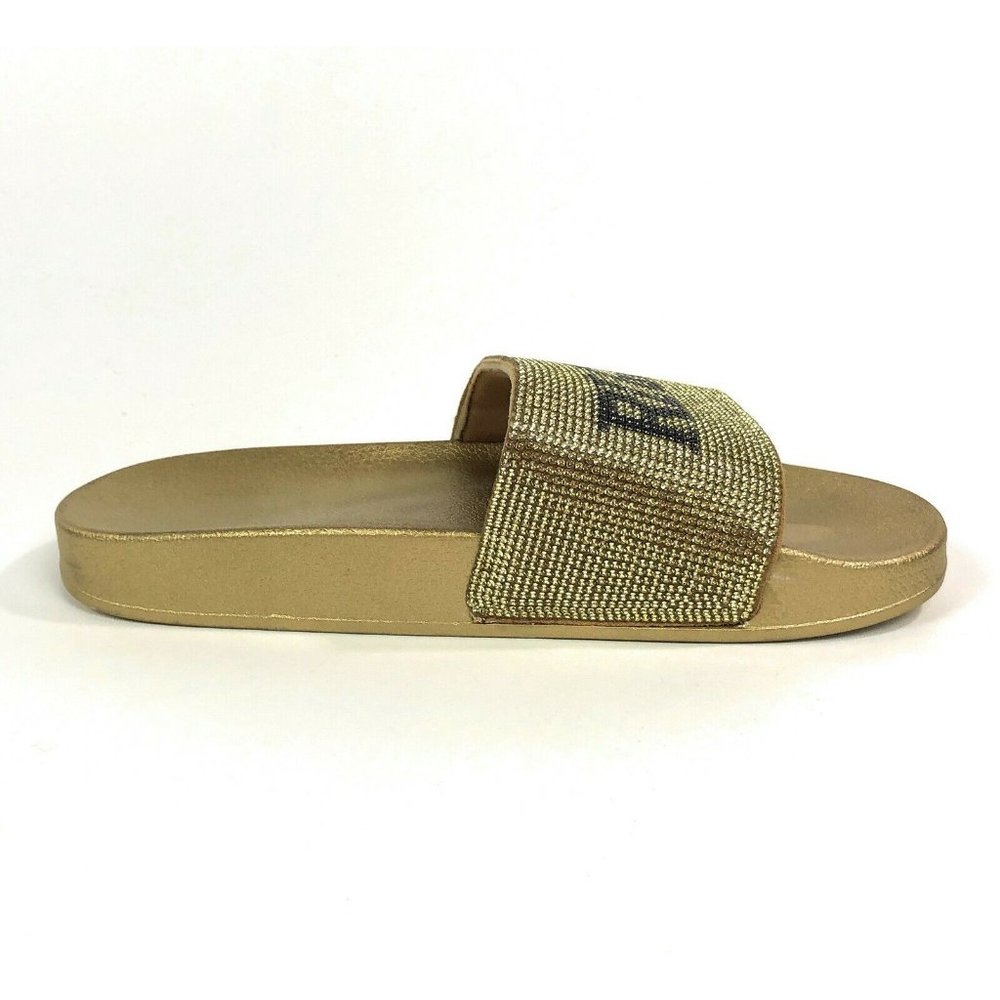 True Religion Womens 6 Medium Width Meyer Bling Gold Rhinestone Slides Sandals - Picture 5 of 8